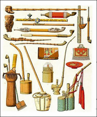 Eastern opium pipes and associated smoking equipment, from A. Racinet's Historical Costumes (1888).