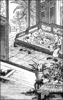 'The first downward step': The beginning of a sequence of sixteen facsimiles of Chinese drawings 'The Evils of Opium Smoking' reproduced in the British press in 1883.