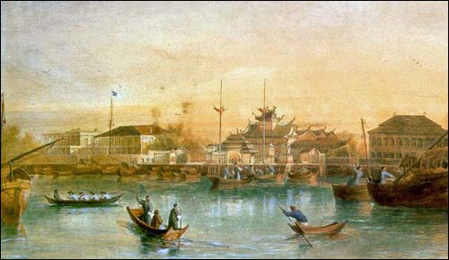 The first custom house on Shanghai waterfront. Painting by Lieutenant Durand, c. 1856.